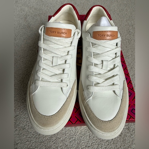 Tory Burch White and Red Logo Sneakers - Picture 2 of 5